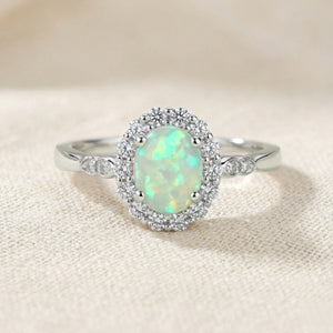 Sterling Silver Fire Opal Oval Ring, with CZ Halo