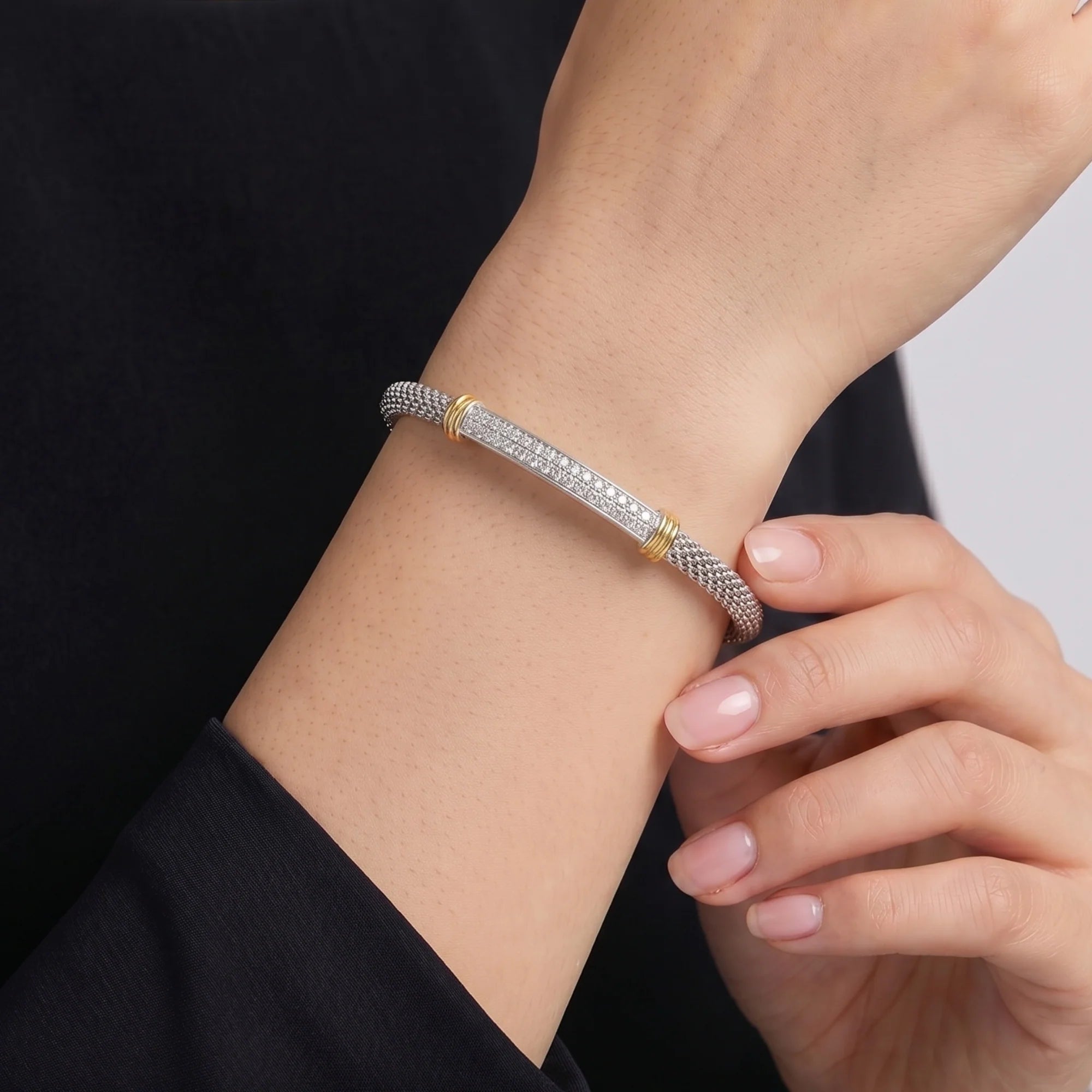 Sterling Silver Italian Cuff Bracelet with Gold Accents
