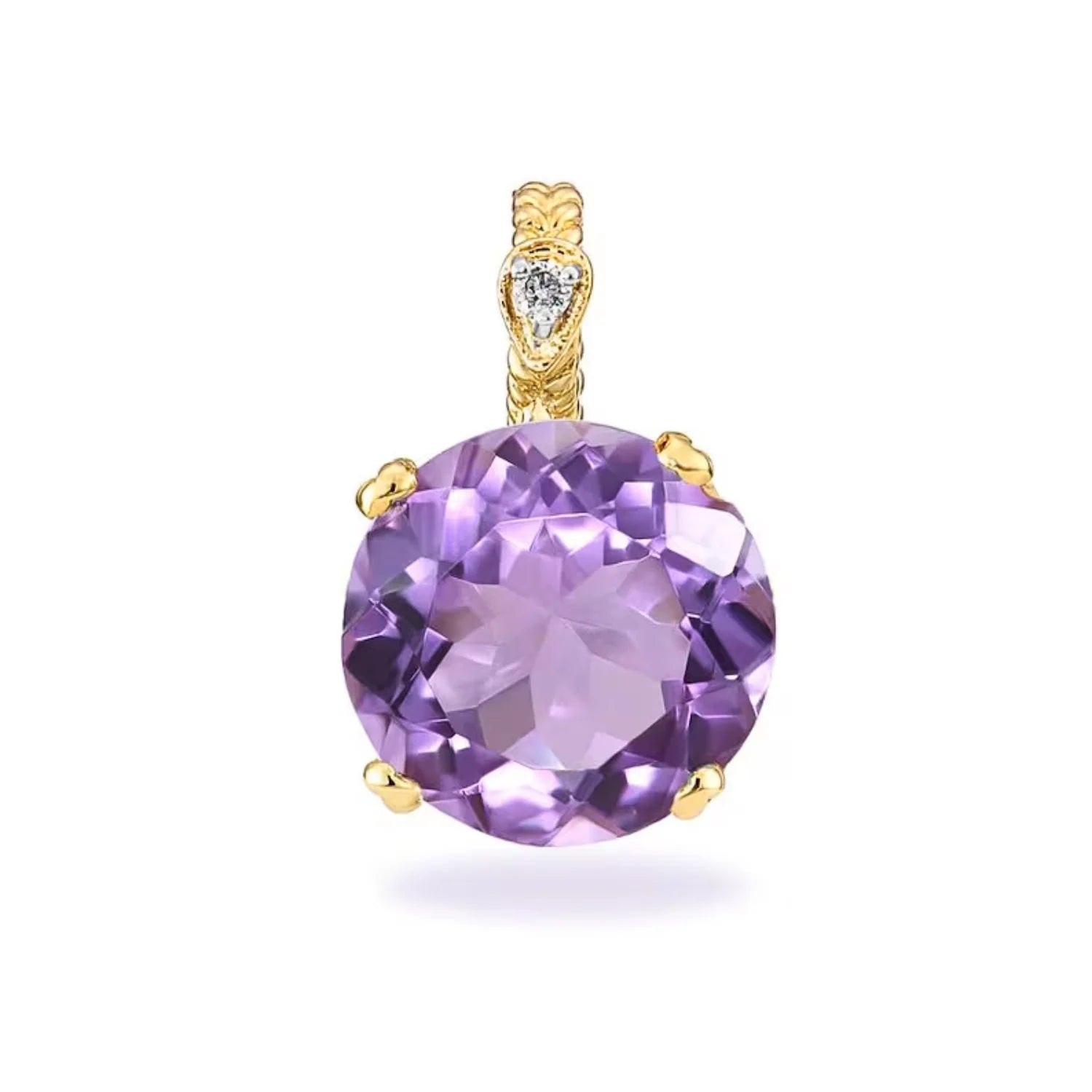 Stunning 14K Yellow Gold Amethyst & Diamond Pendant Necklace.