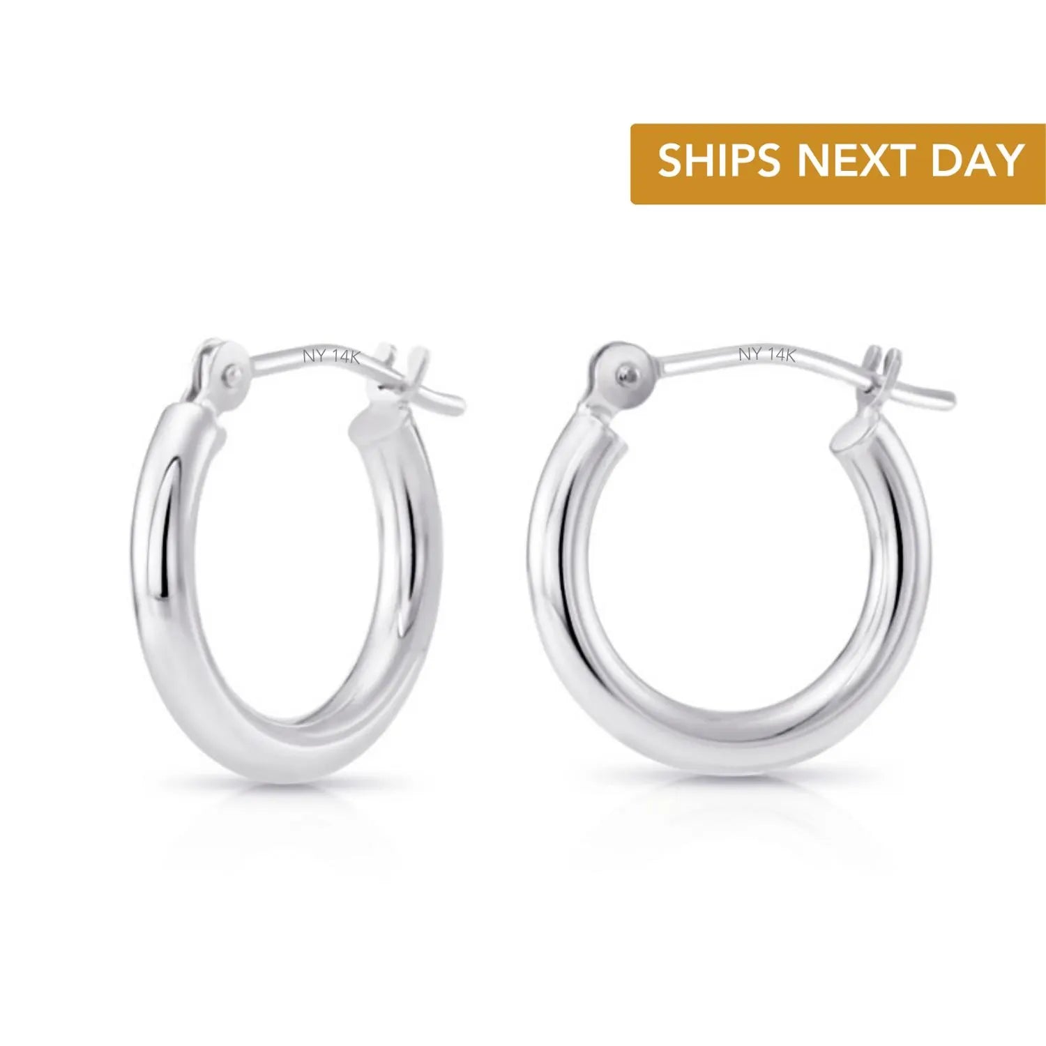 Solid 14K Gold Hoop Earrings, 14 Karat White Gold round Classic Hoops, 13Mm (0.5 Inch) Small Size Hoops, Made by TILO Jewelry