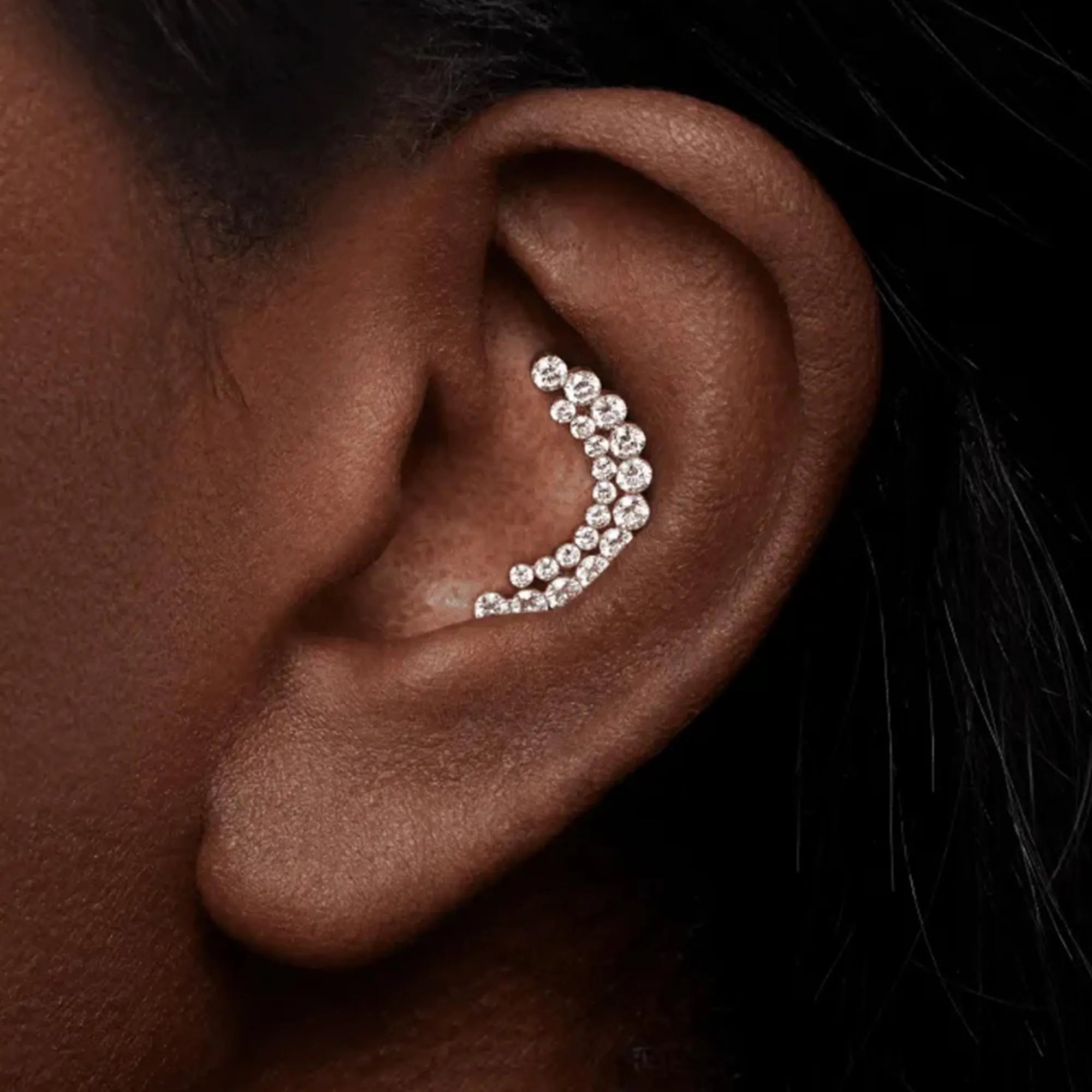 14K Solid Gold Invisible Set Diamond Apsara Curve Threaded Stud Earring/Ball-End Earring with Double Row CZ Cartilage, Helix, Conch Piercing