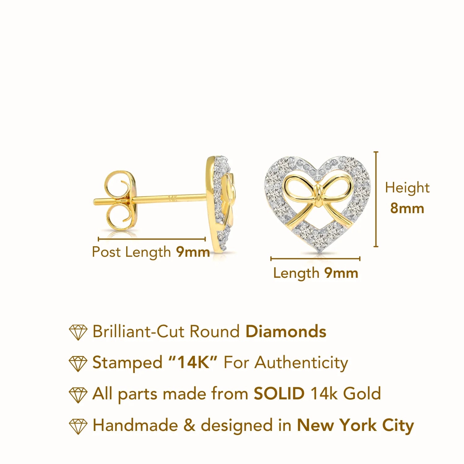 14K Gold Lab Diamond Heart & Bow Stud Earrings with Pushbacks, 0.20Ctw
