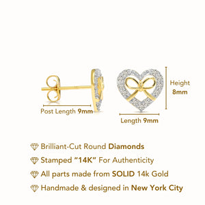 14K Gold Lab Diamond Heart & Bow Stud Earrings with Pushbacks, 0.20Ctw