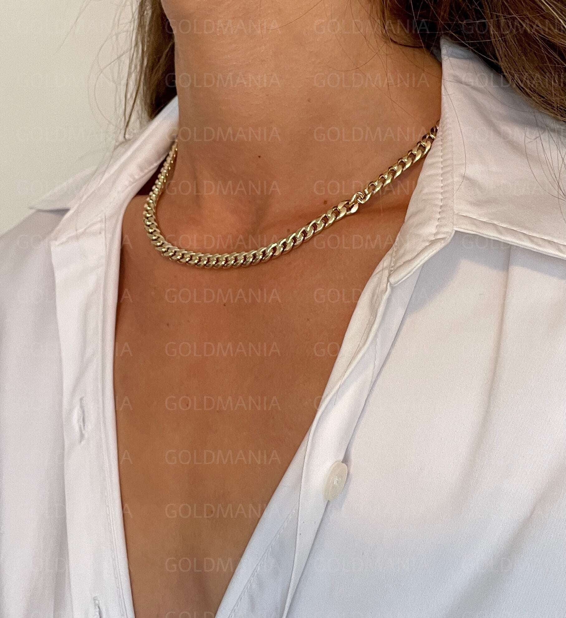 14K Yellow Gold Miami Cuban Link Chain Necklace: 16-14" Adjustable Curb Chain
