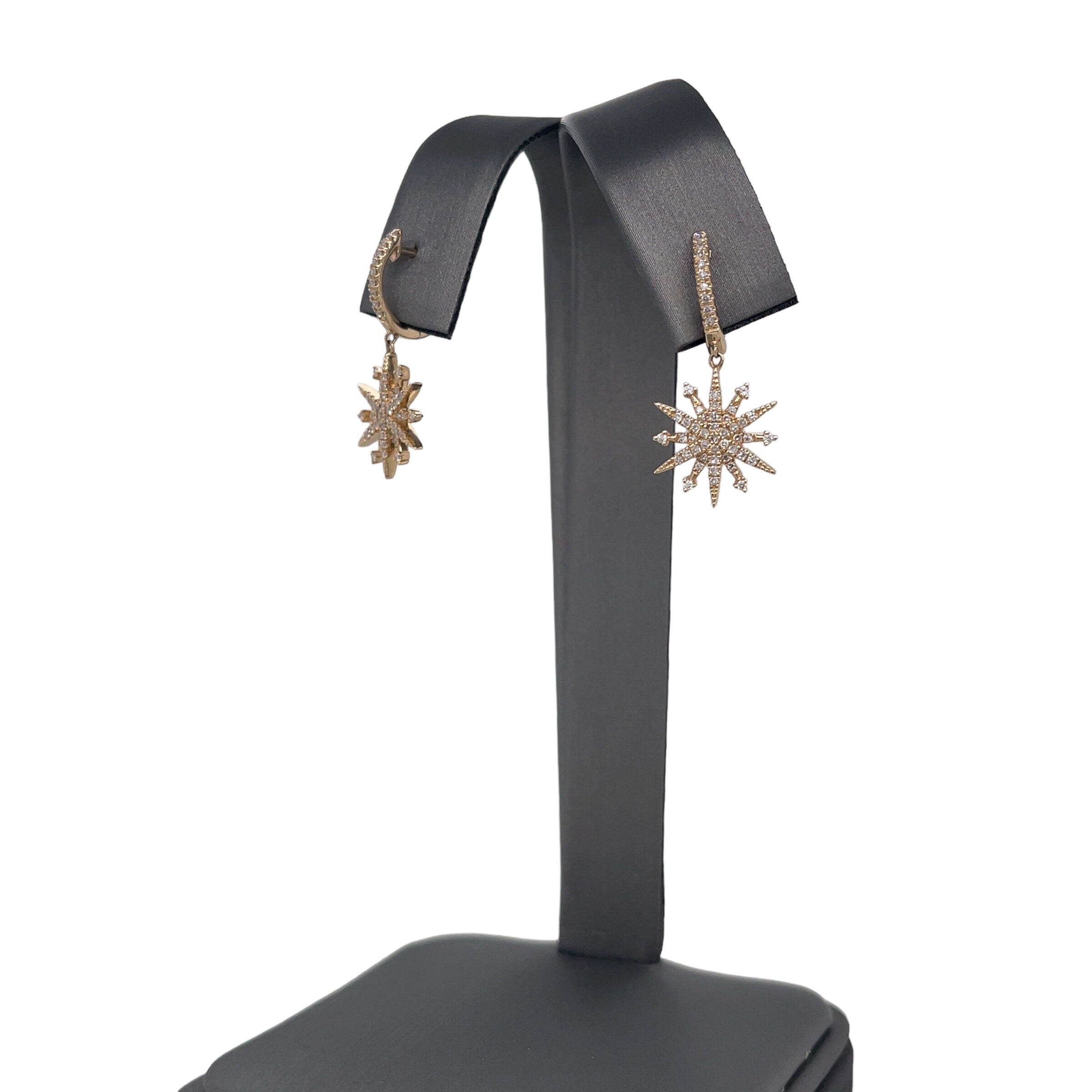 14K Yellow Gold Diamond Starburst Dangle Huggie Earrings