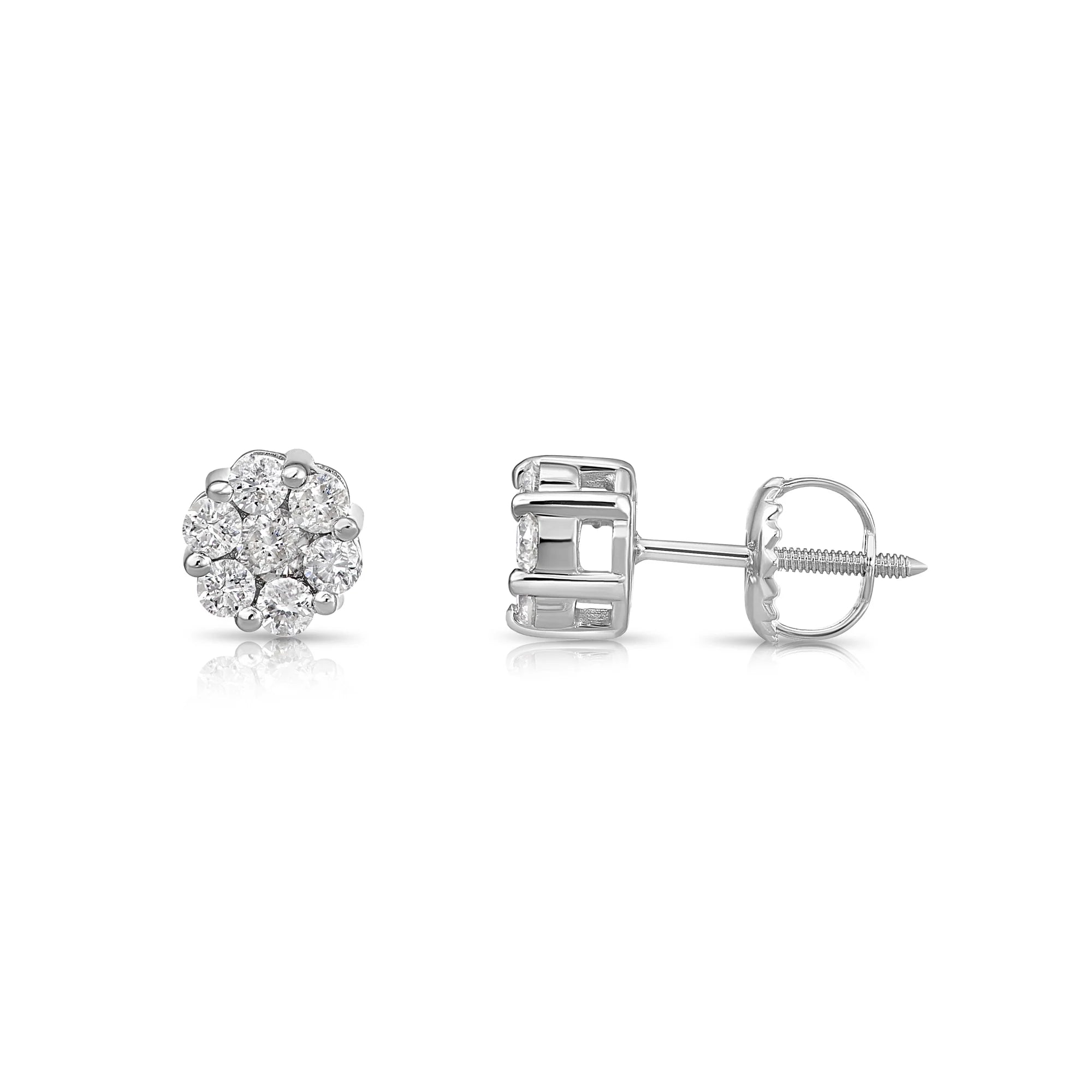14K White Gold Diamond Cluster Stud Earring with Screw-Back, 0.50 Carats