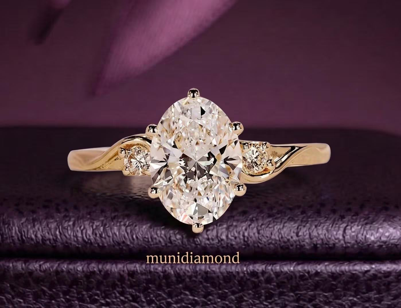Oval Diamond Engagement Ring Genuine Lab Grown Diamond Ring Solid Gold 10K 14K 18K Ring Oval Proposal Ring 3 Stone Ring Anniversary Gifts