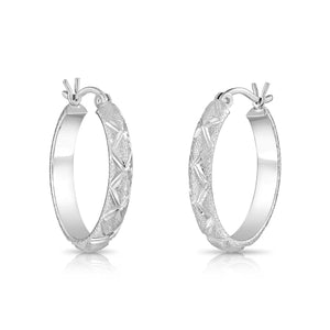 Elegant 925 Sterling Silver Hand Engraved Diamond Cut Hoop Earrings.
