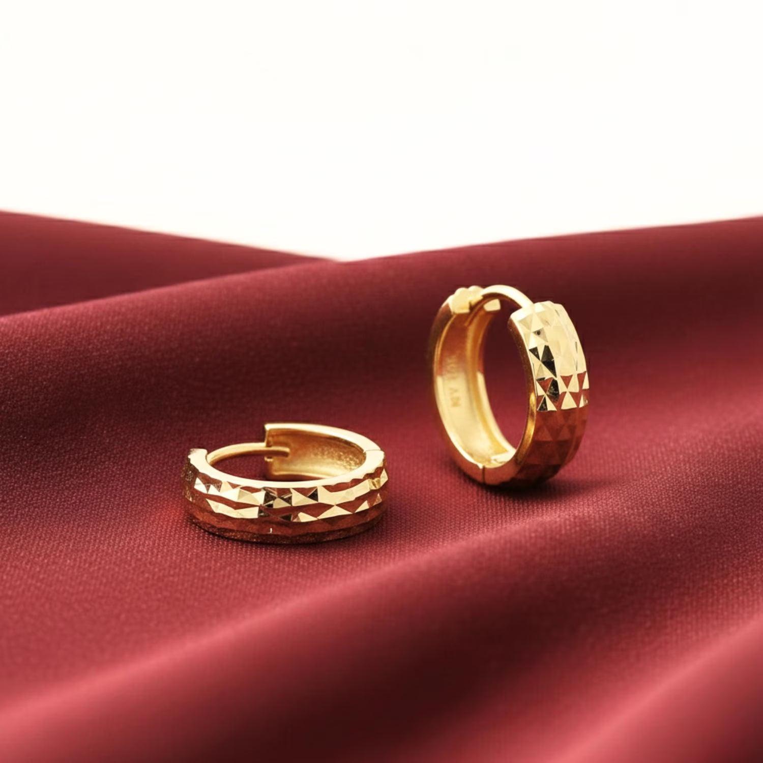 Dainty Handmade 14K Yellow Gold Hand-Engraved Huggie Earrings - 13mm (0.5 Inch).