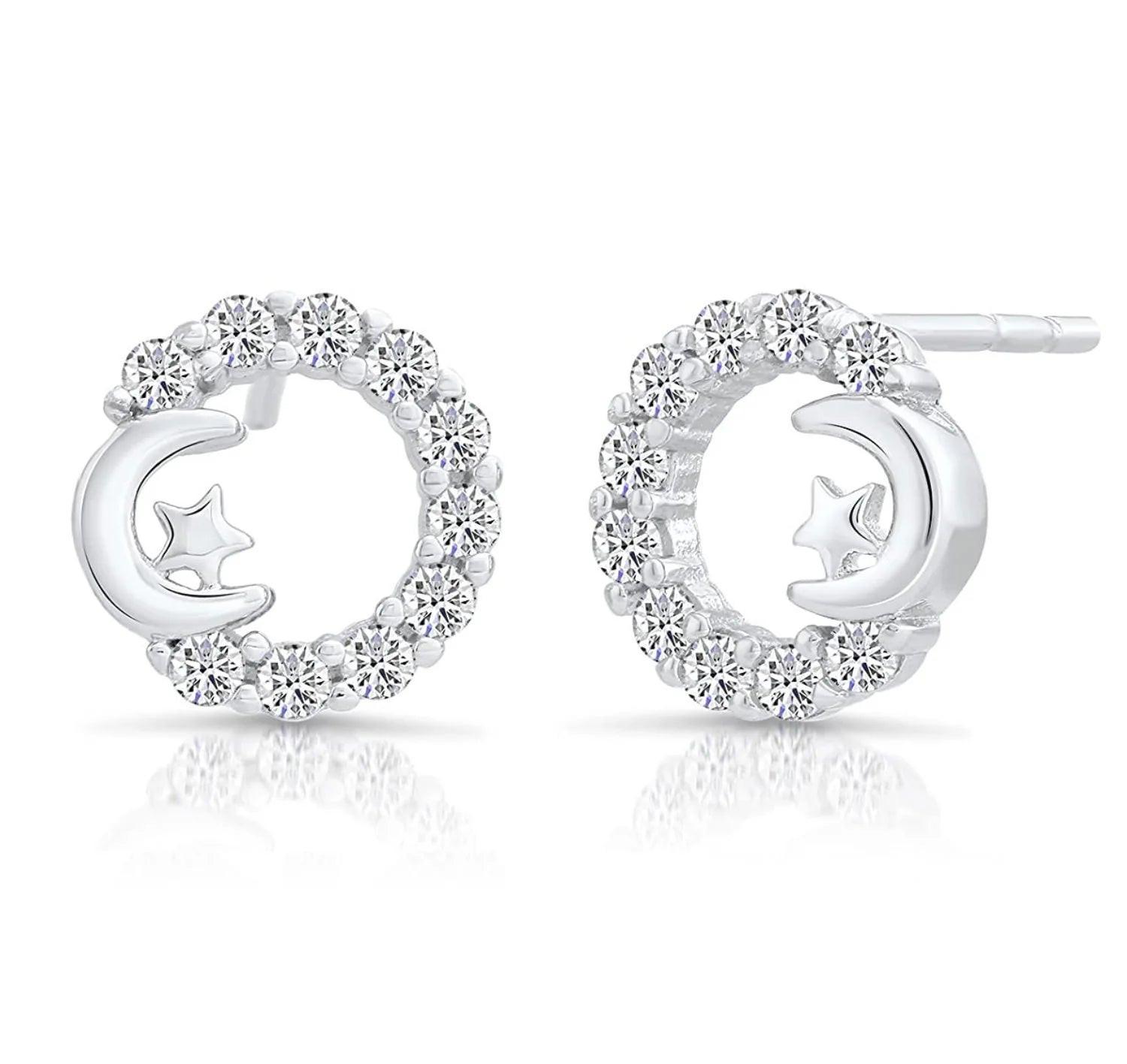 Elegant Sterling Silver CZ Open Circle Star and Crescent Moon Stud Earrings.
