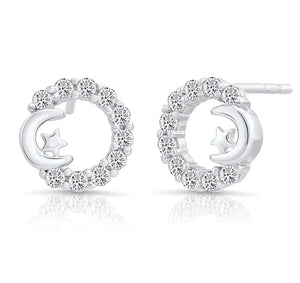 Elegant Sterling Silver CZ Open Circle Star and Crescent Moon Stud Earrings.