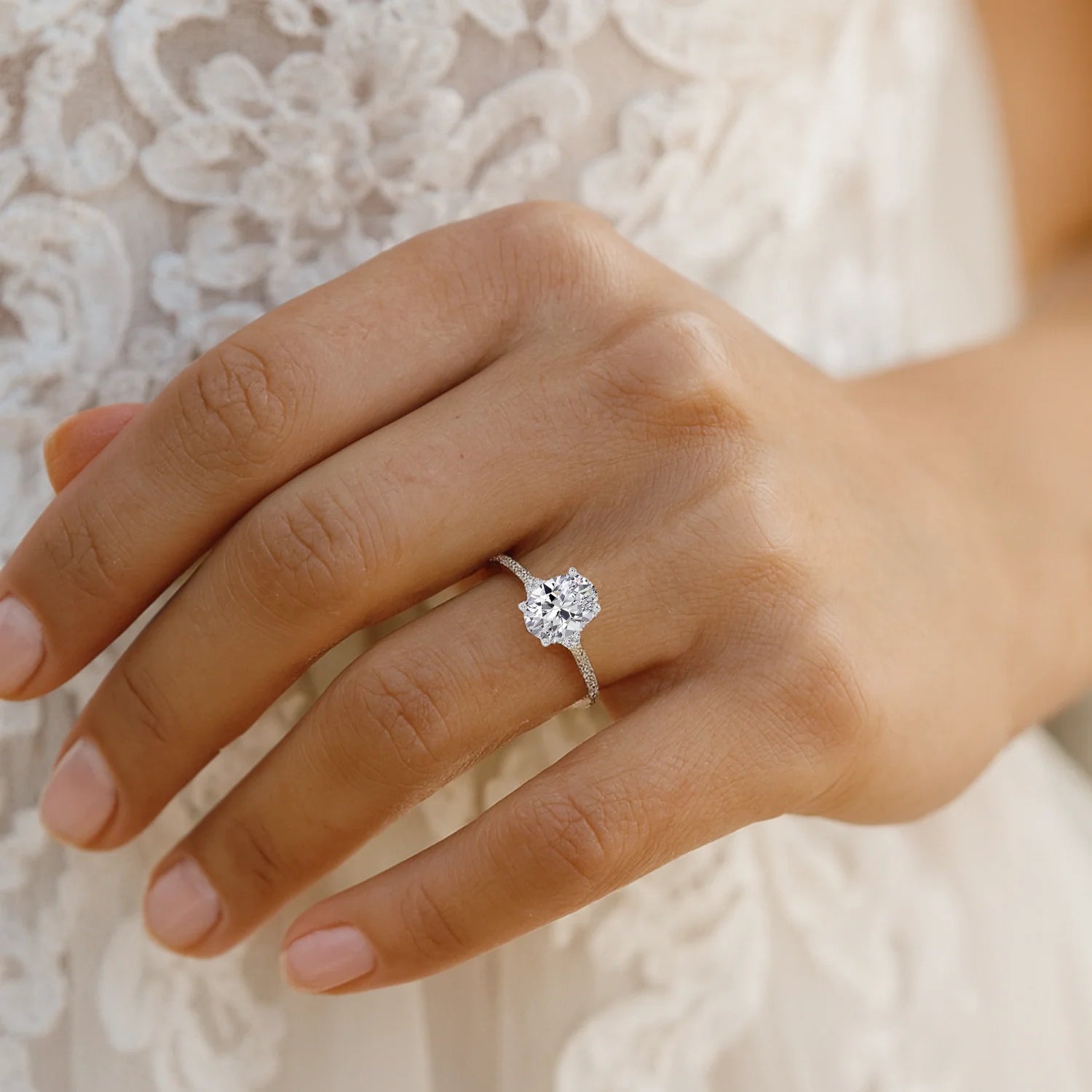 14K White Gold Oval-Shaped Solitaire 1.5 Carat Engagement Ring with Side Stones