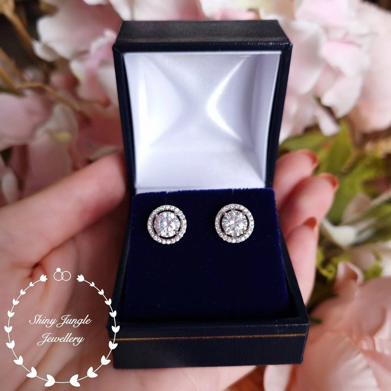 Diamond Stud Earrings, Delicate Halo Diamond Simulant Studs, 14K White Gold and Rose Gold Plated Sterling Silver, Birthday Gift with Box