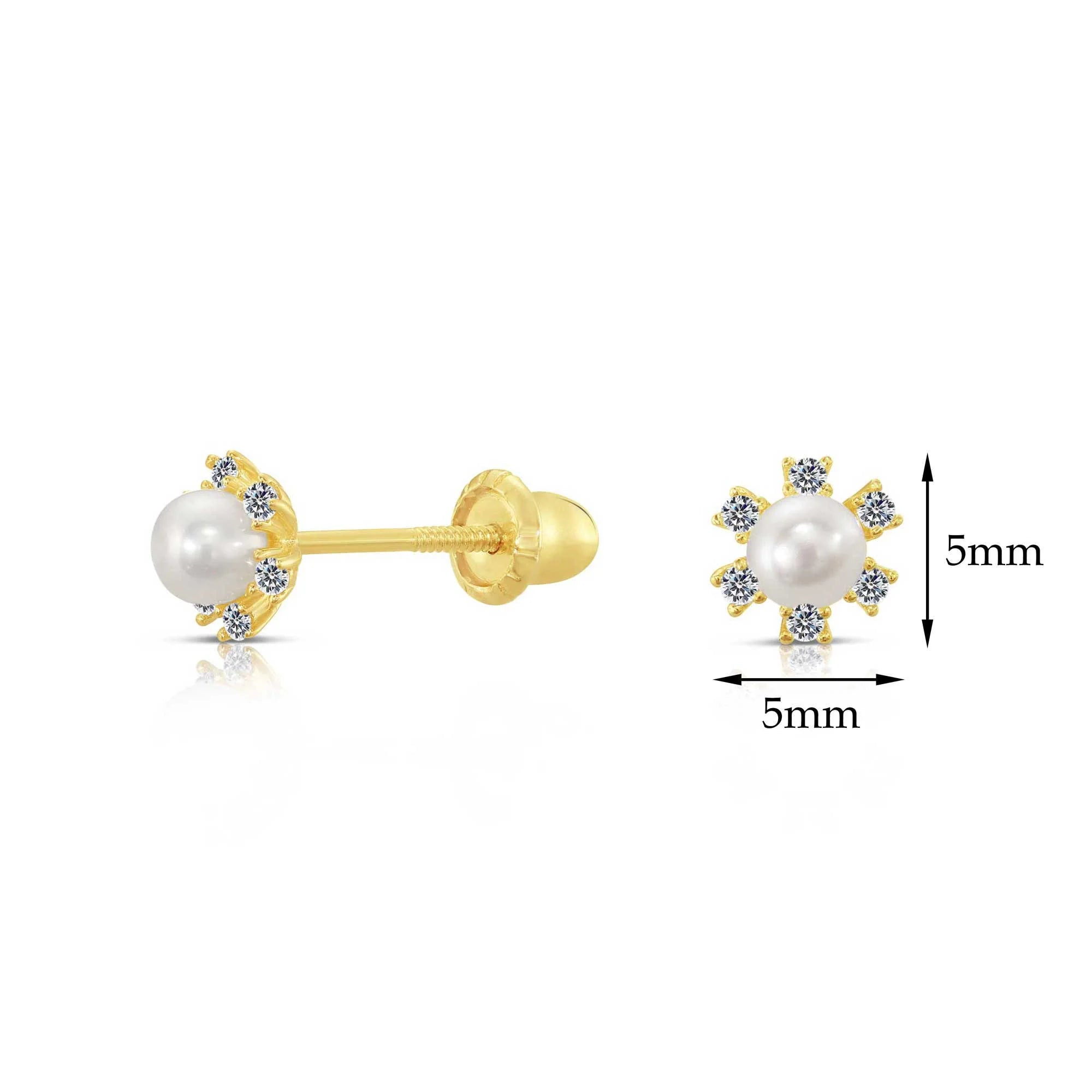 10K Yellow Gold Tiny Flower and Pearl Stud Earrings