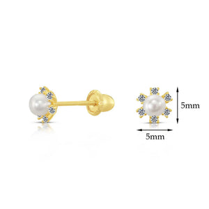 10K Yellow Gold Tiny Flower and Pearl Stud Earrings