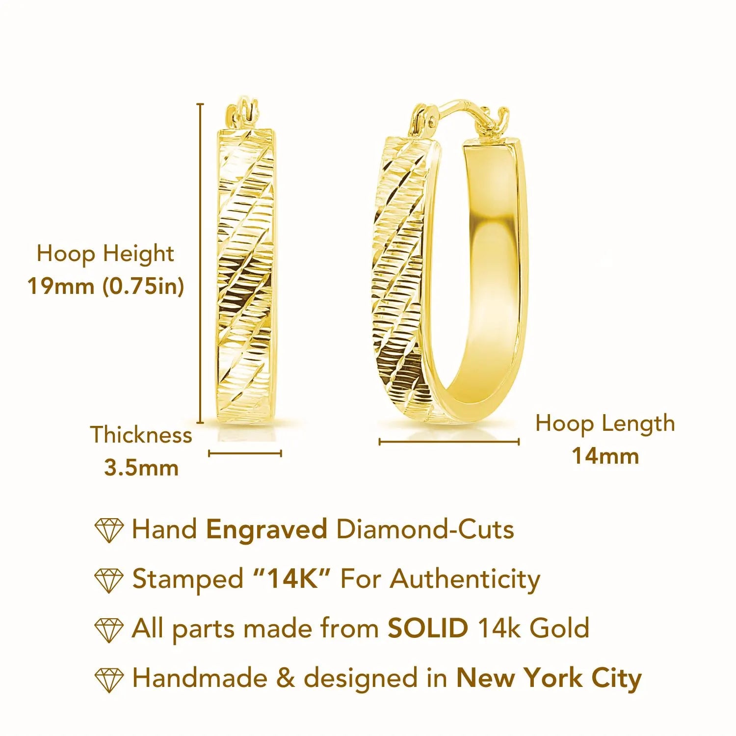 14K Solid Yellow Gold Oval Hoop Earrings, Hand Engraved Diamond-Cut "Tornado" Patten Designer Hoops, U-Shape Hoops, by TILO Jewelry