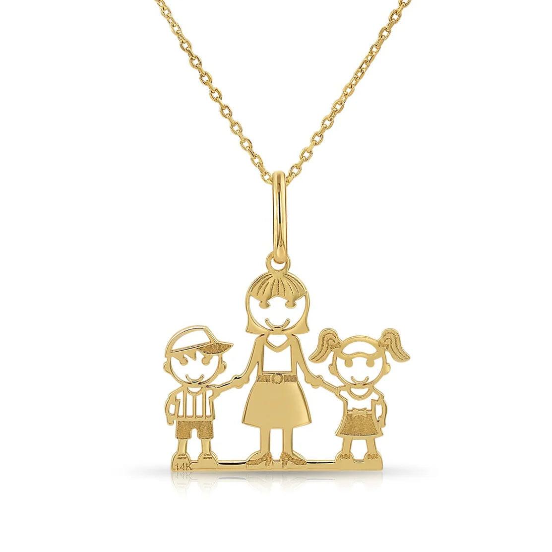 Beautiful 14K Yellow Gold Mom and Children Pendant Necklace.