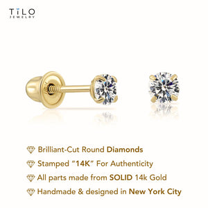 14K Gold Lab Diamond Stud Earrings, CVD Brilliant-Cut Diamond Studs, Classy round Diamond Studs, Wedding/Bridal, Screwback, by TILO Jewelry