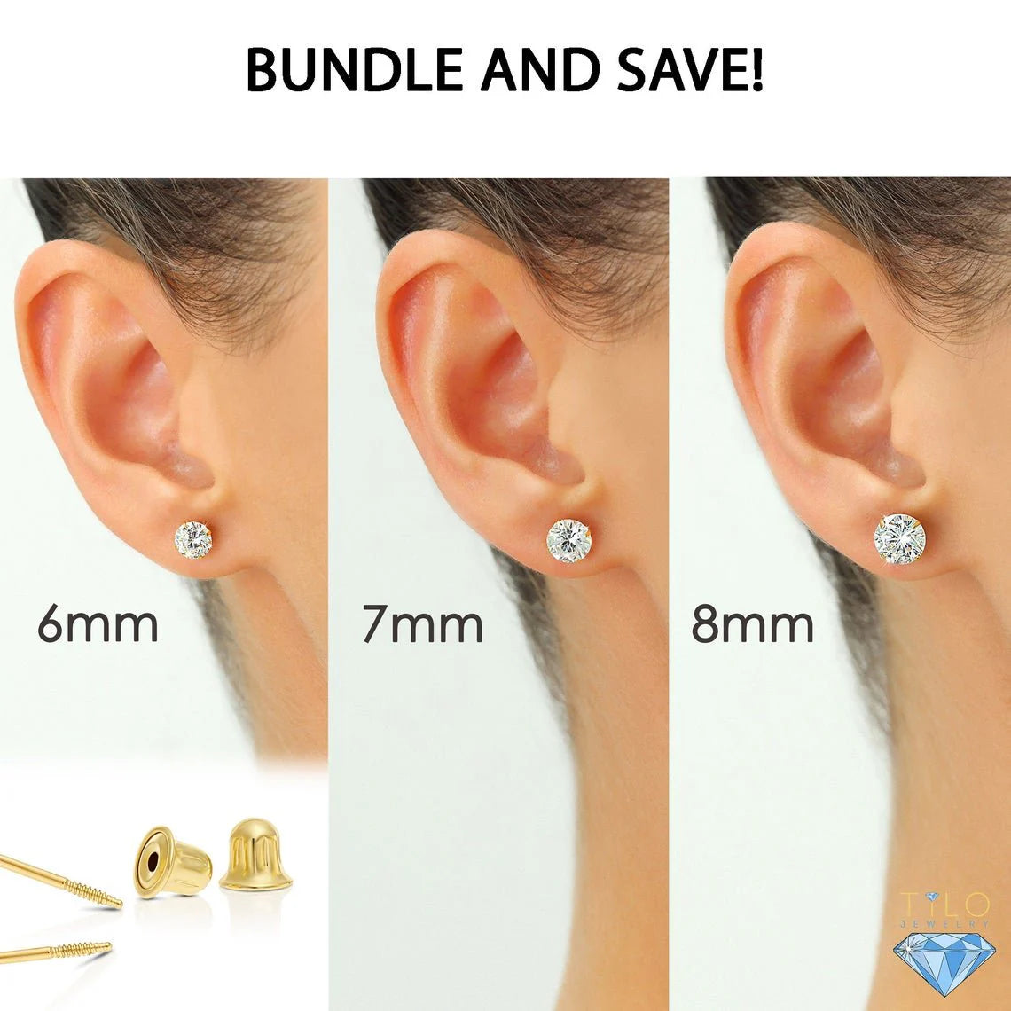 Bundle Set of 3! 14K Gold Classic Solitaire Stud Earrings, Screw-Back