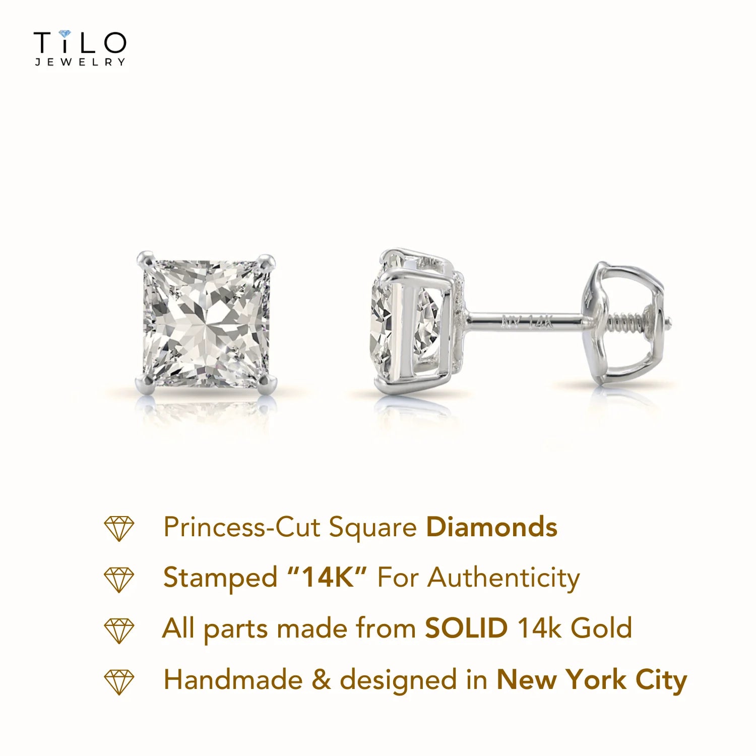 14K White Gold Lab Diamond Princess-Cut Stud Earrings, Screwback