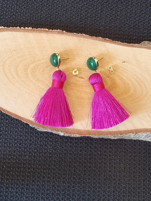 Tassel Earrings PINK with Green Jade, 925 Silver | 1 Pair