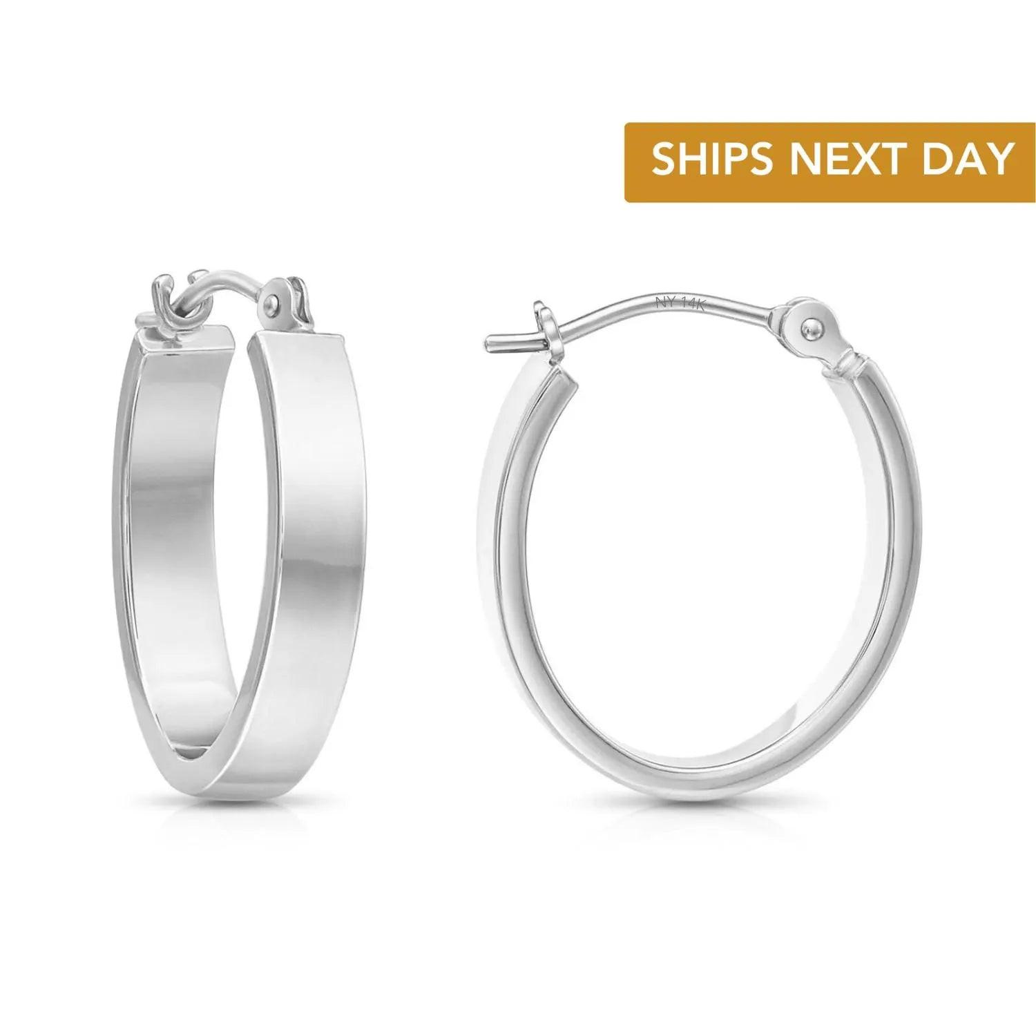 14K White Gold Elegant Small Oval Hoop Earrings - 0.7 Inch Classic Shine.
