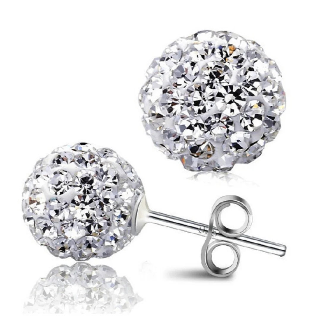 Sterling Silver Small to Big Shamballa Crystal Ball Stud Earrings 4, 5, 6, 8 Mm Diameter