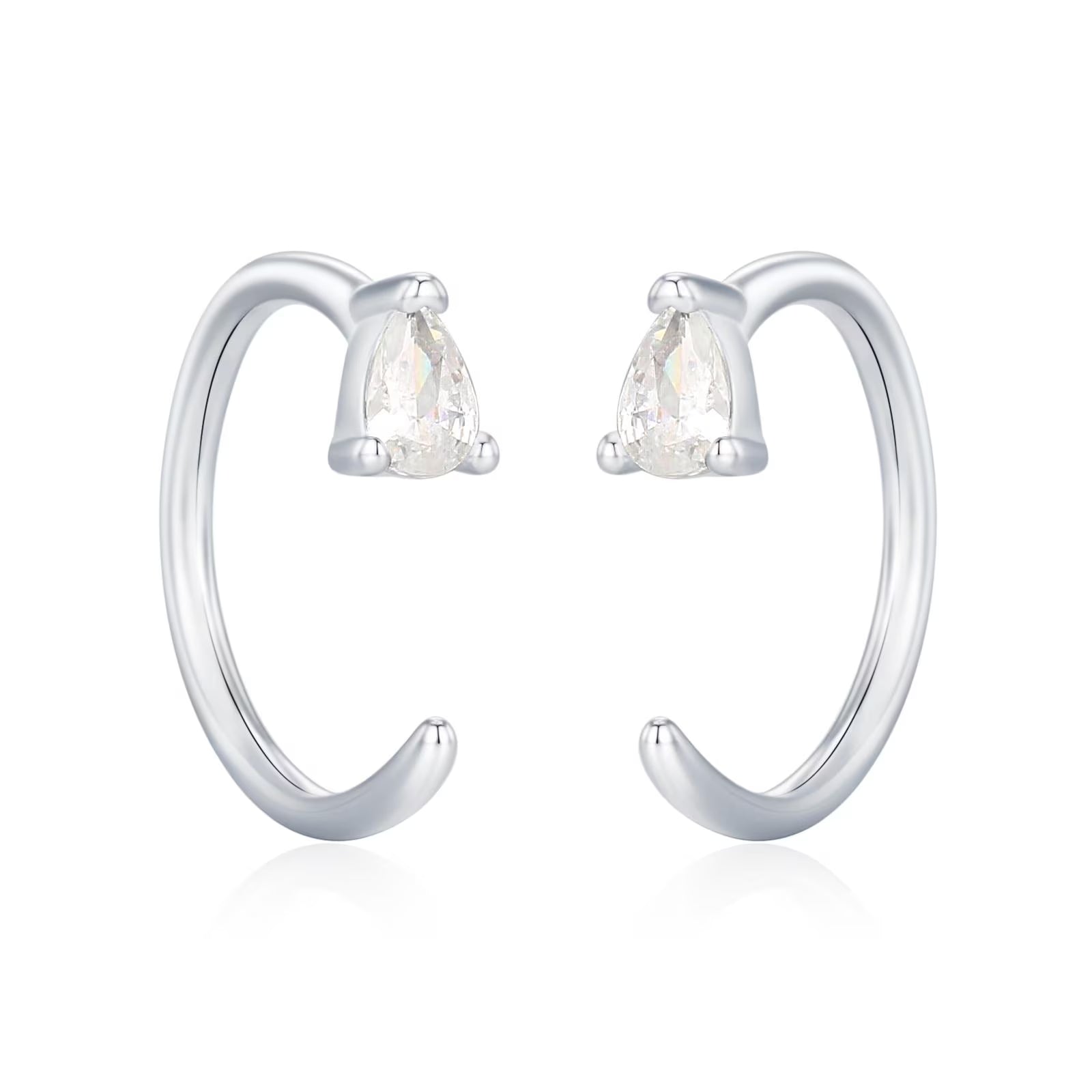 Clear CZ Droplet Huggie Hoop Earrings in Sterling Silver, Tiny Pear Cut CZ Open Hoops, Pull through Threaders, Half Hoops