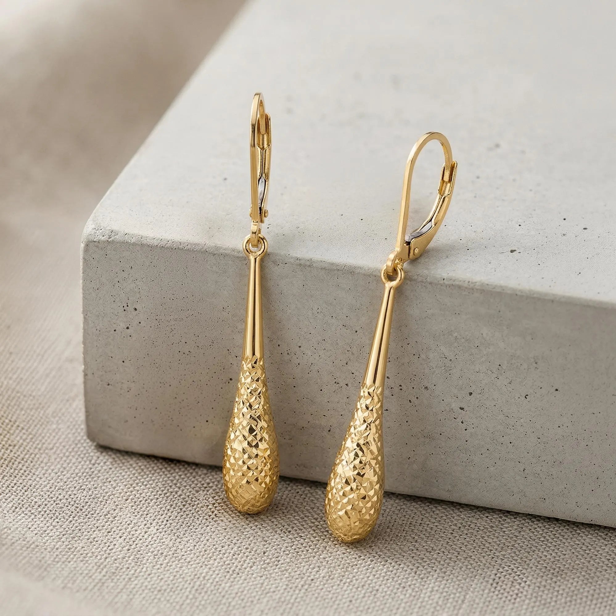 Teardrop Earrings— 14K Yellow Gold Diamond Cut, 1-3/4 Inch Leverback Drop Dangles