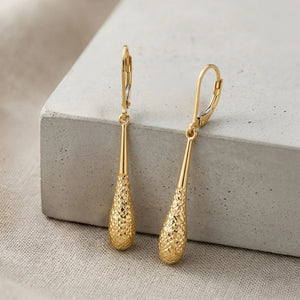 Teardrop Earrings— 14K Yellow Gold Diamond Cut, 1-3/4 Inch Leverback Drop Dangles