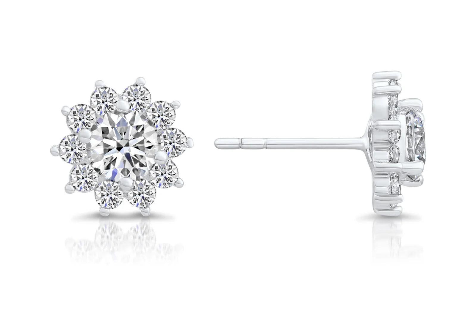 Stunning CZ Sunflower Halo Stud Earrings in Elegant Sterling Silver.