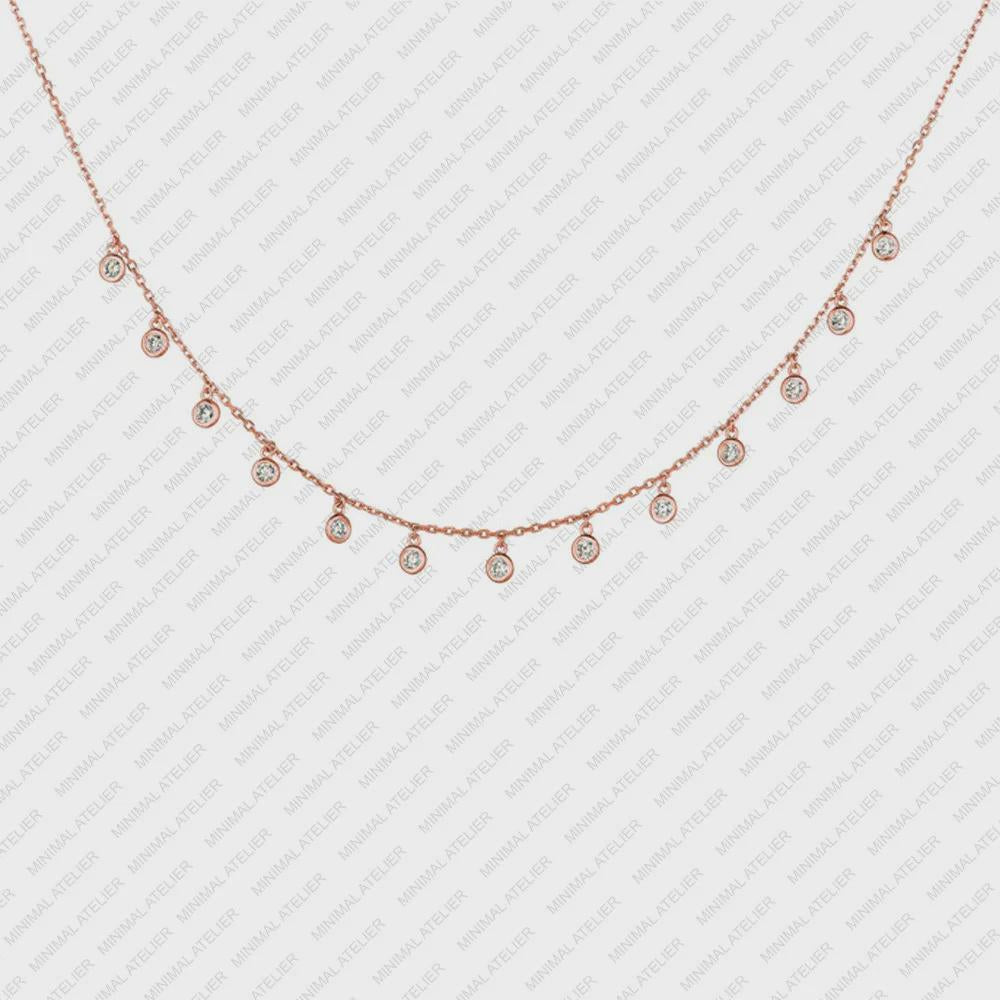 0.75Ct Lab Grown Diamond Brilliant round 13 Drop Bezel with Chain Necklace Solid 14K Gold Moissanite Station Necklace, Handmade Jewelry