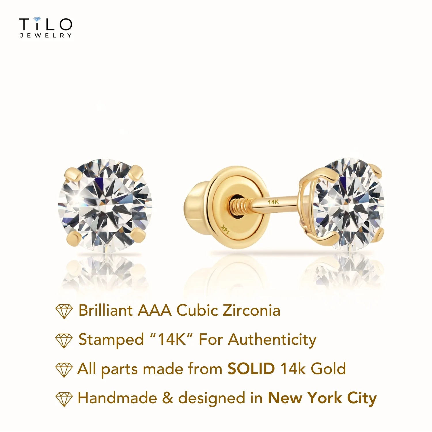 14K Yellow Gold Classic Solitaire Screwback Stud Earrings