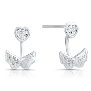 Stunning CZ Angel Wing Love Stud Earrings in Elegant Sterling Silver.