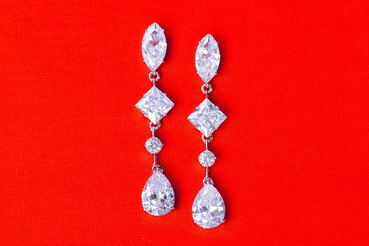 Tear Drop Wedding Jewelry, Square Diamond Dangle Earring, Oval Shape CZ, round Gem Earring, CZ Bride Earring, Silver Bridal Earring, Pear