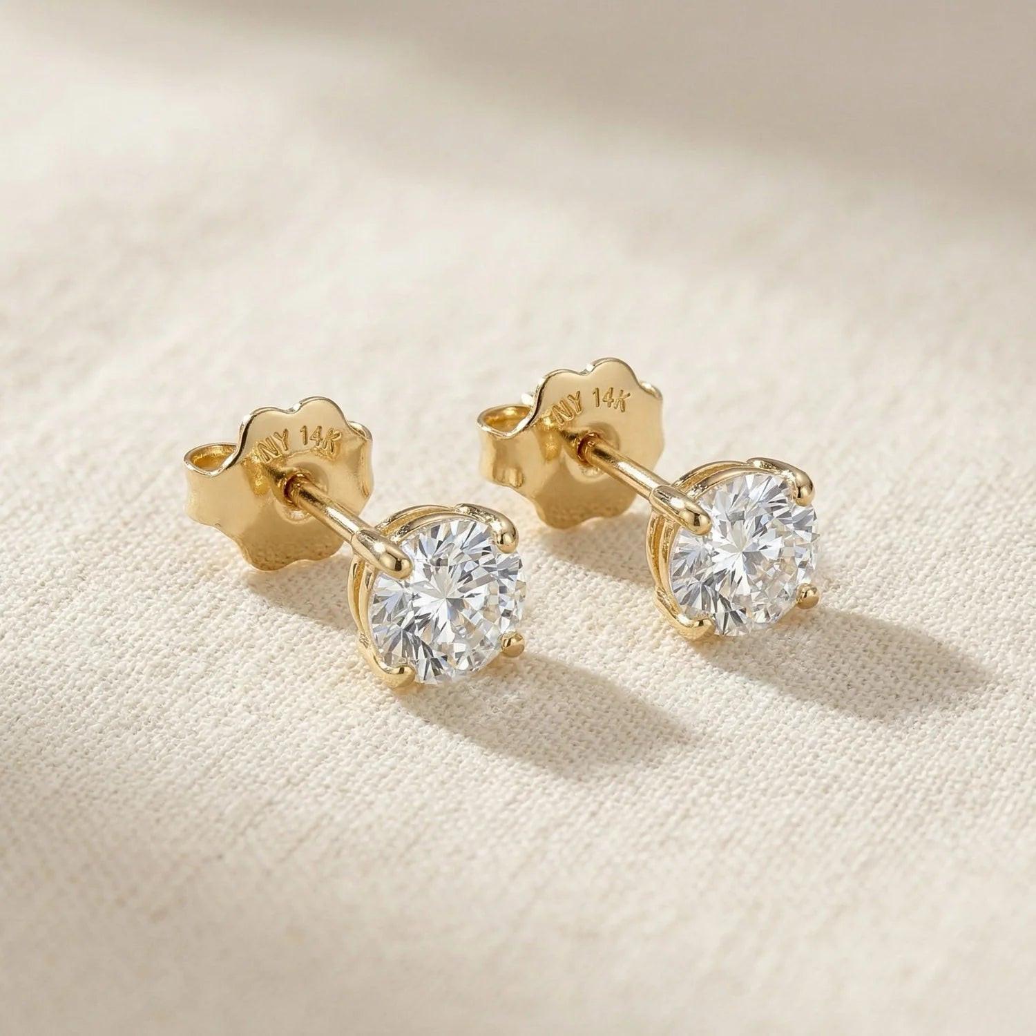 Stunning 14K Yellow Gold Classic Solitaire Simulated Diamond Studs with Secure Screwback.