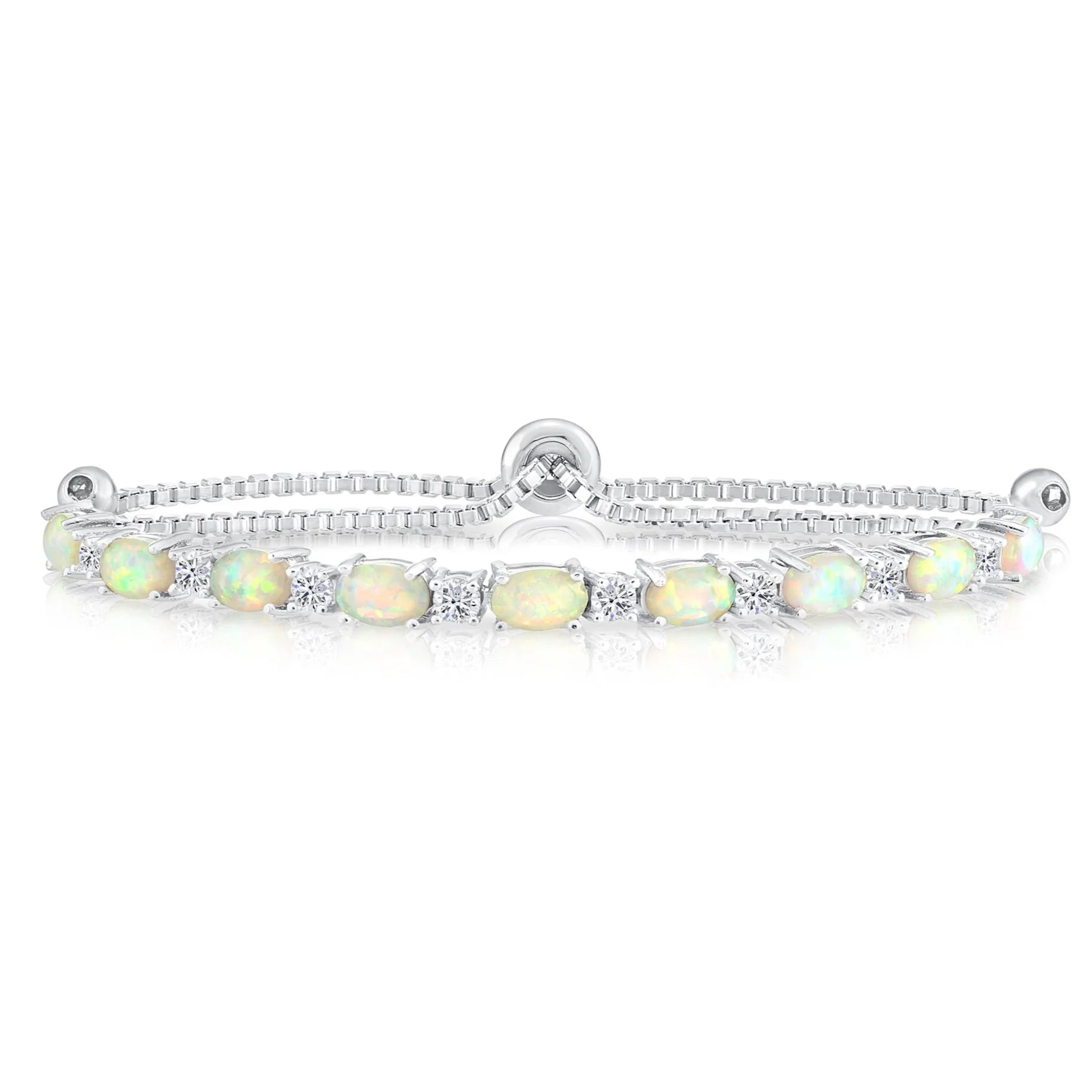 Sterling Silver Fire Opal Adjustable Bracelet with Cubic Zirconia Stones