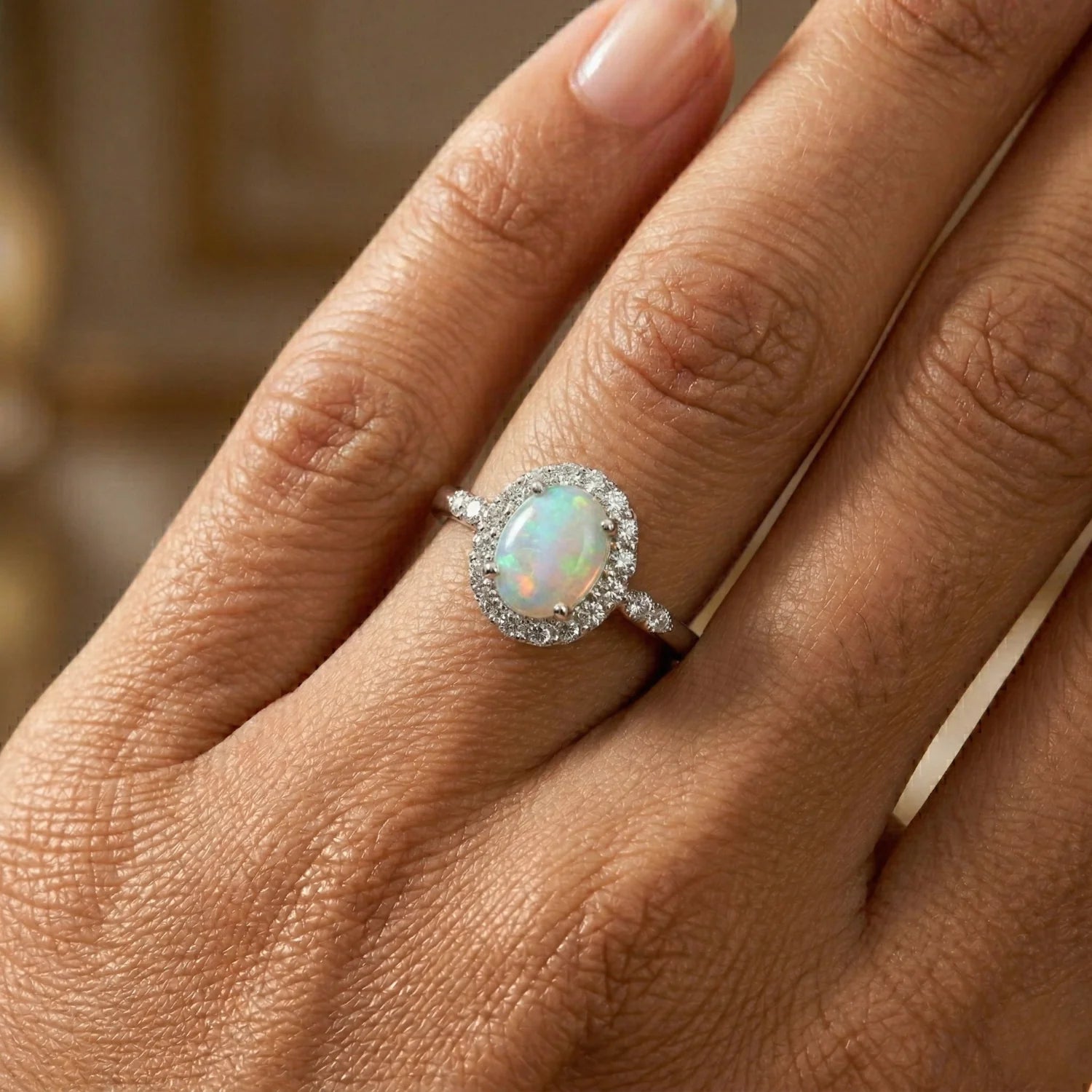 Sterling Silver Fire Opal Oval Ring, with CZ Halo