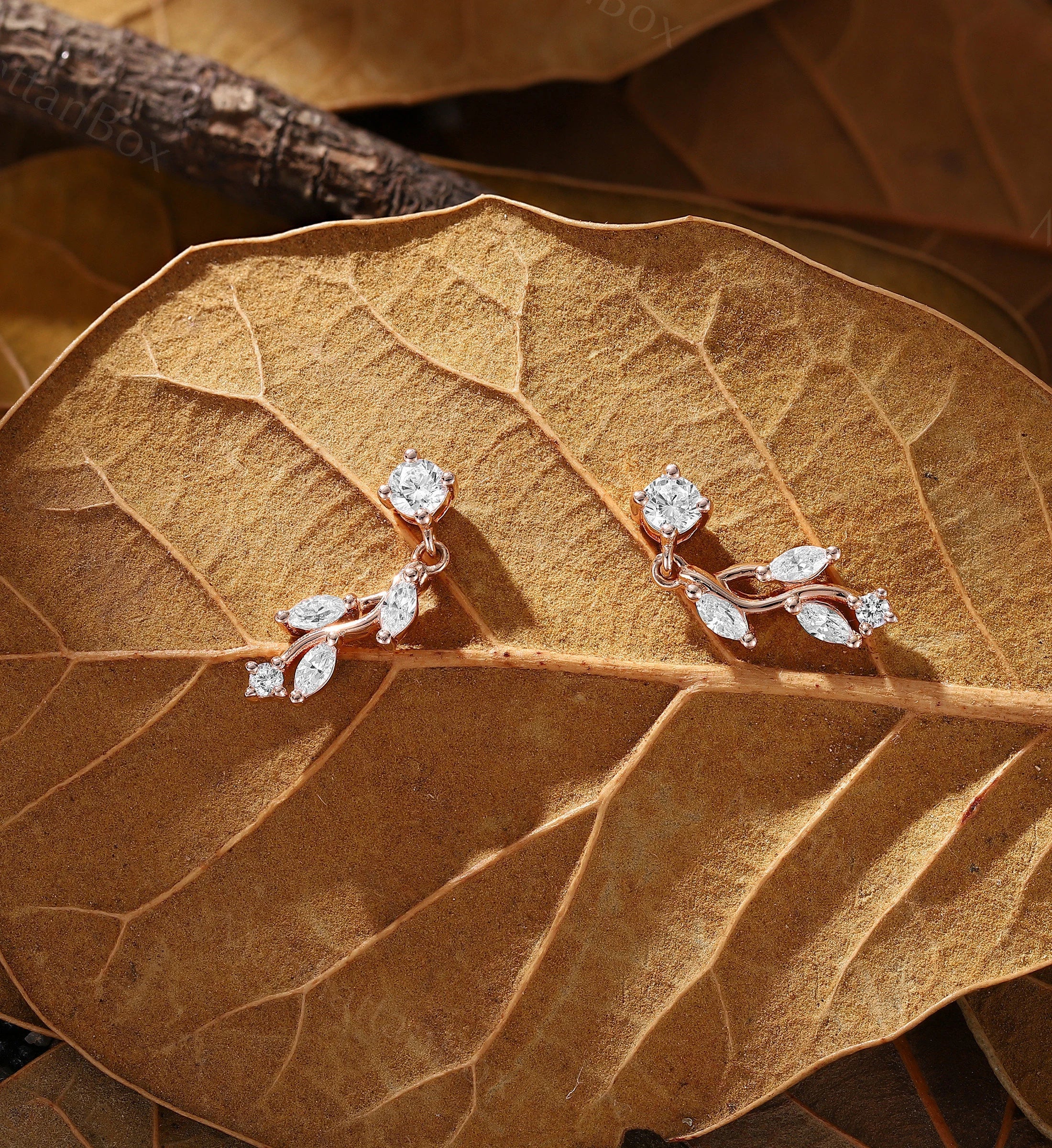 Dainty Leaf Diamond Dangle Earrings - Elegant Yellow Gold Moissanite Drop Earrings - Classic Minimalist Women Birthday Gift by
