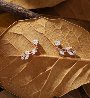 Dainty Leaf Diamond Dangle Earrings - Elegant Yellow Gold Moissanite Drop Earrings - Classic Minimalist Women Birthday Gift by