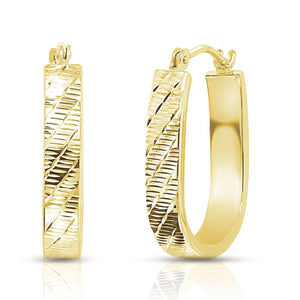 14K Solid Yellow Gold Oval Hoop Earrings, Hand Engraved Diamond-Cut "Tornado" Patten Designer Hoops, U-Shape Hoops, by TILO Jewelry