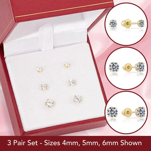Stunning 14K Solid Yellow Gold CZ Stud Earrings Set - 3 Pairs of Round Screw Back Sleeper Earrings by TILO Jewelry.