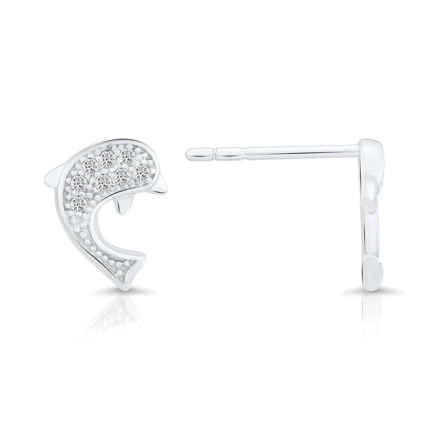 Sparkling CZ Dolphin Stud Earrings in Premium Sterling Silver.