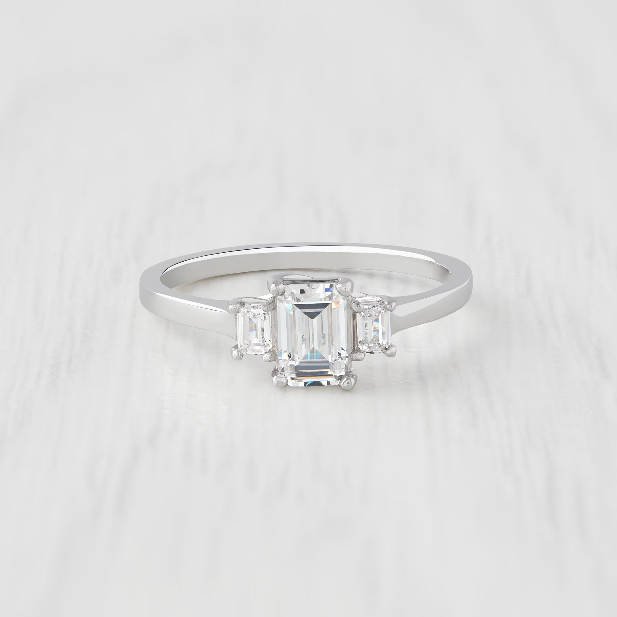 Man Made Diamond Emerald Cut 3 Stone Trilogy Ring Ring Available in Sterling Silver or White Gold Filled - Engagement Ring