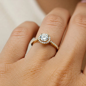 14K Yellow Gold Triple Halo Dome 1 Carat Engagement Ring with Side Stones