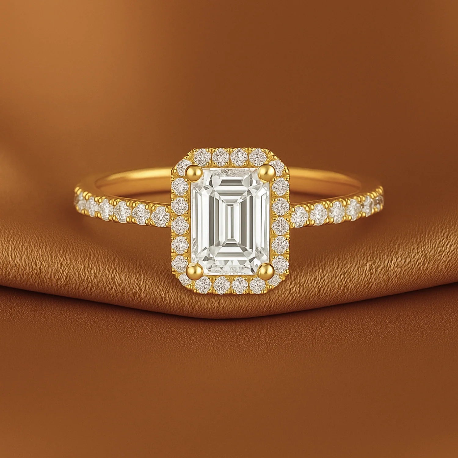 14K Yellow Gold Emerald-Cut Halo Engagement Ring with Side Stones