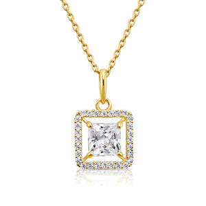 Stunning 14K Yellow Gold Princess-Cut Halo Pendant Necklace.