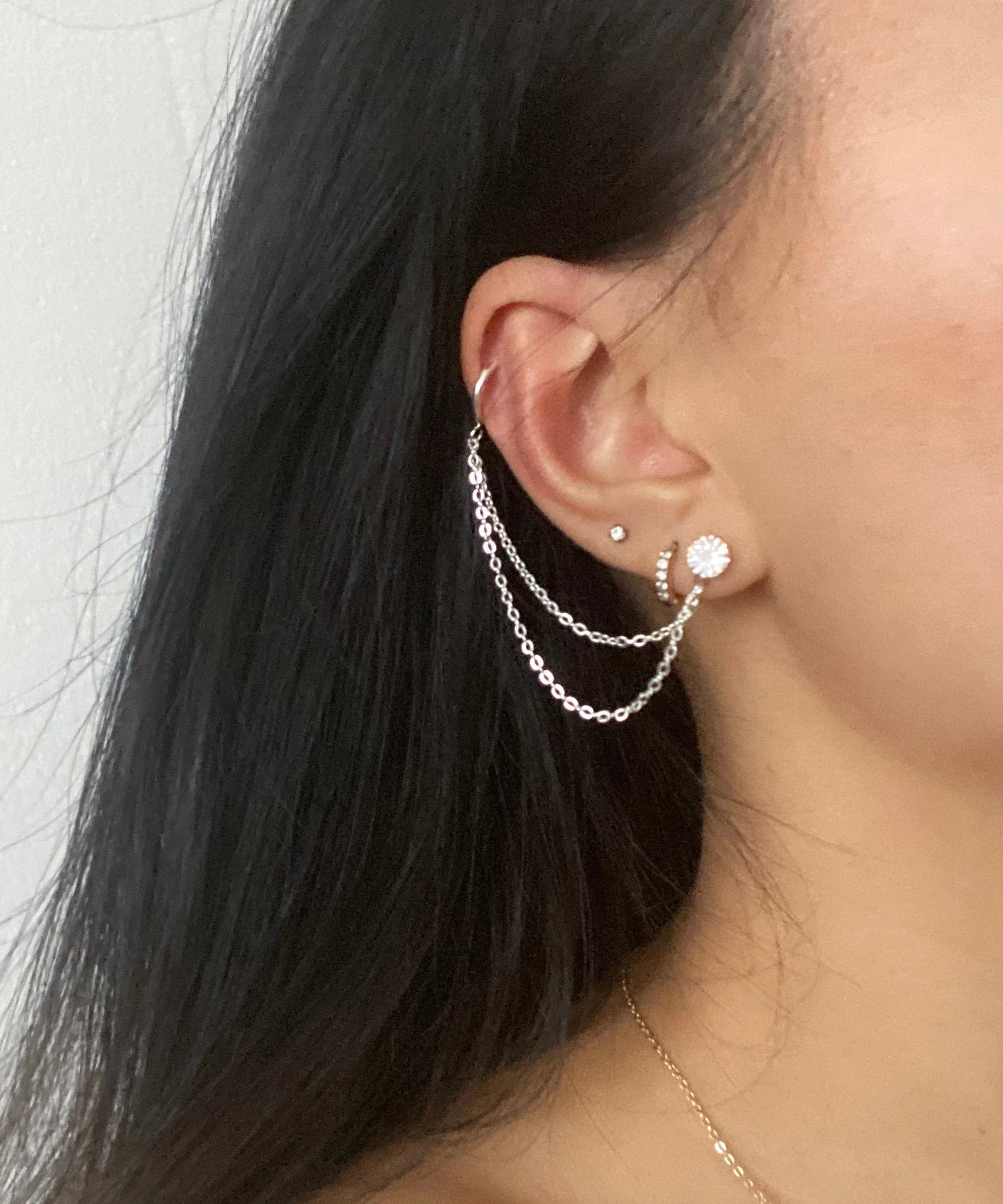 Diamond Chain Ear Cuff, Diamond Stuff, Chain Ear Cuff, Diamond Ear Cuff, Chain Earring, Double Earring, Silver Ear Cuff