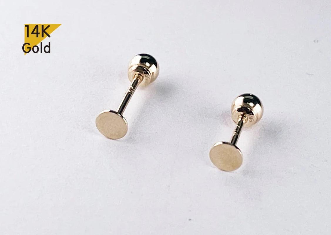 14K Solid Gold Thin Circle Earrings - 3mm & 4mm Piercing with Screw Ball Ends, Available in 4mm, 6mm & 8mm Post Barbell.