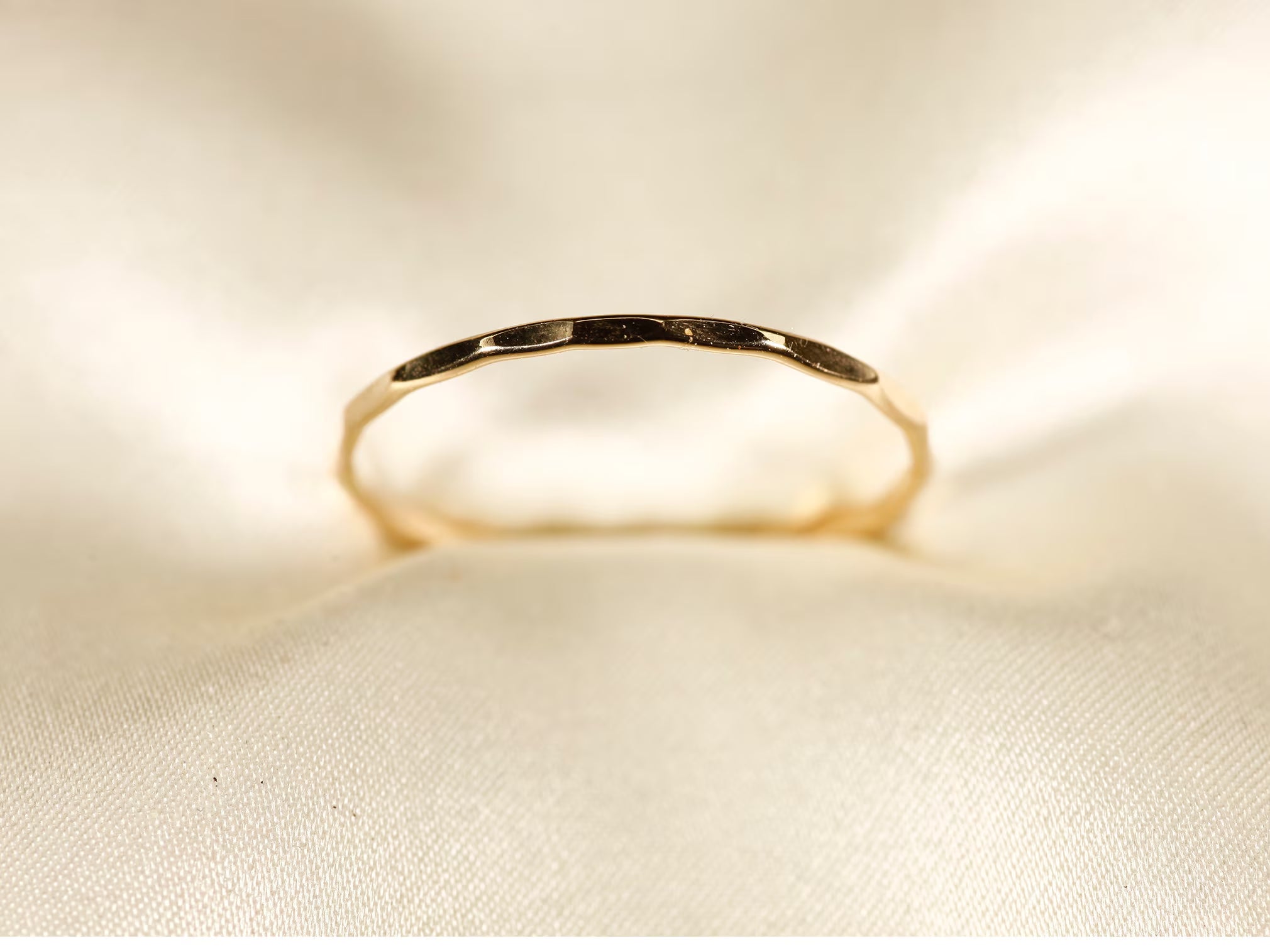 14K Solid Yellow Gold Hammered Ring: Dainty Wire Band, 0.8Mm